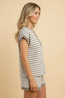 Heimish Cream and Mocha Striped Top with Button Front