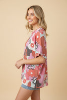 Heimish Ribbed Knit Floral Print Top in Coral Multi