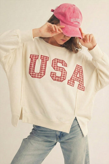 LovLov Plaid USA Patched Solid Color OVERSIZED Top in Ivory