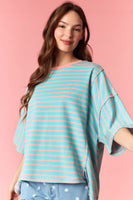 Peach Love OVERSIZED Contrasting Color Striped Top in Salmon/Jade