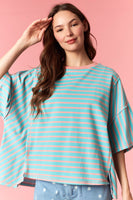 Peach Love OVERSIZED Contrasting Color Striped Top in Salmon/Jade