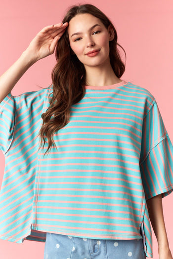 Peach Love OVERSIZED Contrasting Color Striped Top in Salmon/Jade