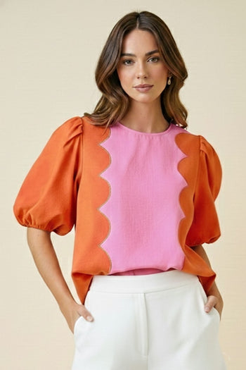 LovLov Romantic Wave Glam Scallop Top in Sunset/Pink