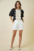 LovLov Romantic Wave Glam Scallop Top in Black/Ivory
