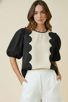 LovLov Romantic Wave Glam Scallop Top in Black/Ivory