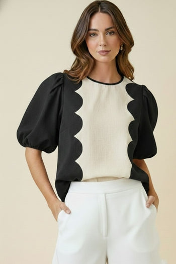 LovLov Romantic Wave Glam Scallop Top in Black/Ivory