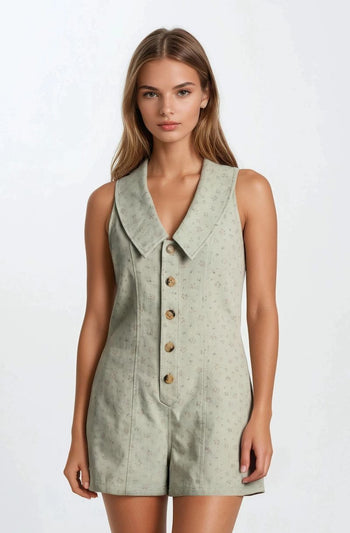 Doe & Rae Chambray Floral Button-front Sleeveless Romper in Sage