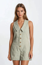 Load image into Gallery viewer, Doe &amp; Rae Chambray Floral Button-front Sleeveless Romper in Sage
