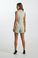Doe & Rae Chambray Floral Button-front Sleeveless Romper in Sage