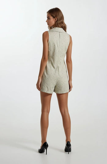 Doe & Rae Chambray Floral Button-front Sleeveless Romper in Sage