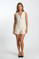 Doe & Rae Chambray Floral Button-front Sleeveless Romper in Cream