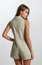 Load image into Gallery viewer, Doe &amp; Rae Chambray Floral Button-front Sleeveless Romper in Sage
