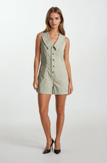 Doe & Rae Chambray Floral Button-front Sleeveless Romper in Sage