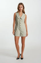 Load image into Gallery viewer, Doe &amp; Rae Chambray Floral Button-front Sleeveless Romper in Sage
