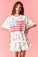 Peach Love Big Dot French Terry Stars And Stripe Flag Patched Top in Light Pink/Off White