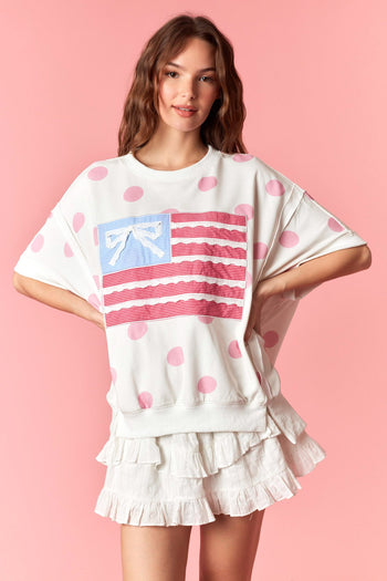 Peach Love Big Dot French Terry Stars And Stripe Flag Patched Top in Light Pink/Off White