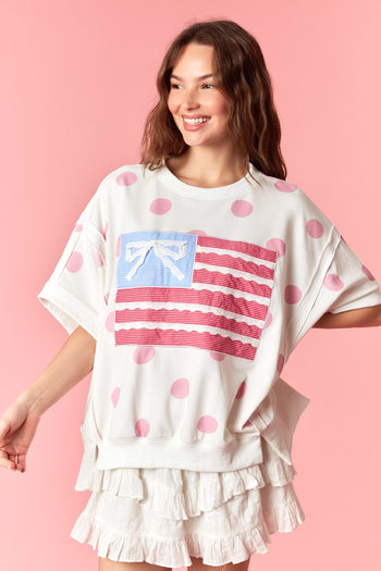 Peach Love Big Dot French Terry Stars And Stripe Flag Patched Top in Light Pink/Off White