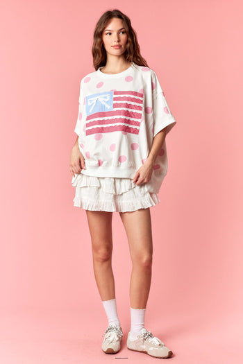Peach Love Big Dot French Terry Stars And Stripe Flag Patched Top in Light Pink/Off White