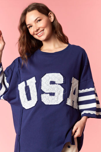 Peach Love Knit Top with Lace USA Patched Front and Stripes Top in Navy