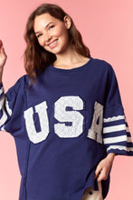 Load image into Gallery viewer, Peach Love Knit Top with Lace USA Patched Front and Stripes Top in Navy
