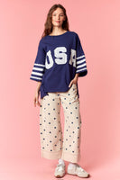 Peach Love Knit Top with Lace USA Patched Front and Stripes Top in Navy