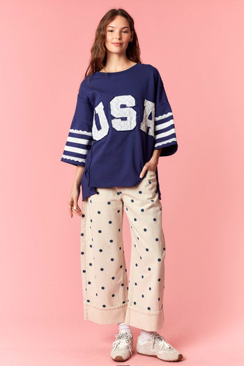 Peach Love Knit Top with Lace USA Patched Front and Stripes Top in Navy