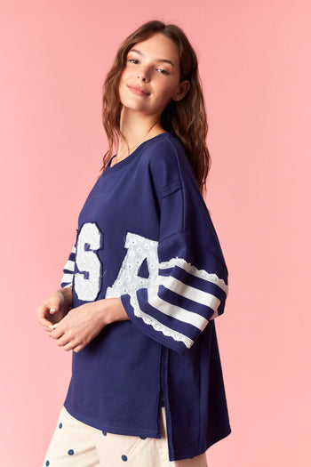 Peach Love Knit Top with Lace USA Patched Front and Stripes Top in Navy