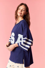 Load image into Gallery viewer, Peach Love Knit Top with Lace USA Patched Front and Stripes Top in Navy
