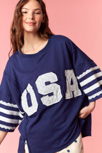 Load image into Gallery viewer, Peach Love Knit Top with Lace USA Patched Front and Stripes Top in Navy

