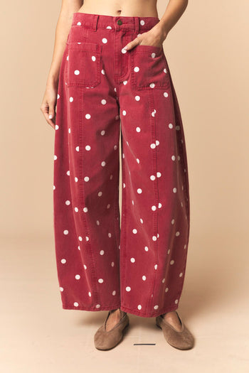 Peach Love Polka Dot Twill Denim Barrel Pants With Pockets in Brick Wash