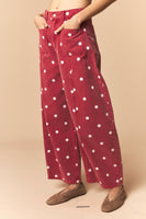 Peach Love Polka Dot Twill Denim Barrel Pants With Pockets in Brick Wash
