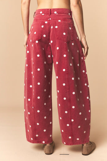 Peach Love Polka Dot Twill Denim Barrel Pants With Pockets in Brick Wash