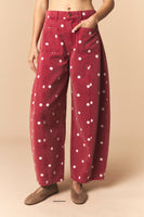 Peach Love Polka Dot Twill Denim Barrel Pants With Pockets in Brick Wash