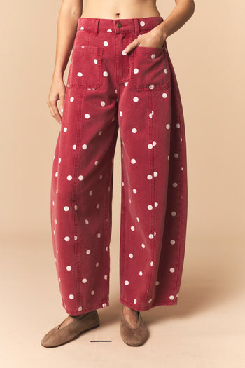 Peach Love Polka Dot Twill Denim Barrel Pants With Pockets in Brick Wash