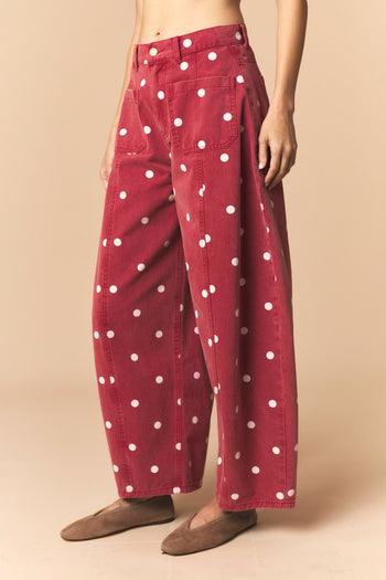 Peach Love Polka Dot Twill Denim Barrel Pants With Pockets in Brick Wash
