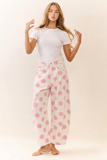 Oddi Polka Dot Printed Denim Pants in Baby Pink