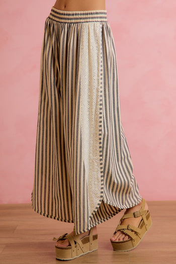 BiBi Striped Eyelet Side Elastic Waist Wide Leg Pants in Black