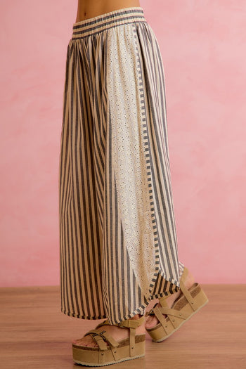 BiBi Striped Eyelet Side Elastic Waist Wide Leg Pants in Black