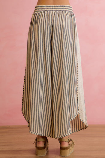 BiBi Striped Eyelet Side Elastic Waist Wide Leg Pants in Black