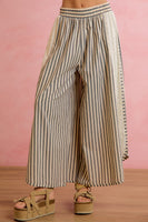 BiBi Striped Eyelet Side Elastic Waist Wide Leg Pants in Black