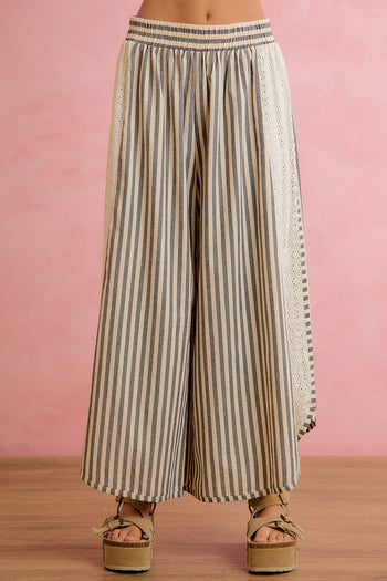 BiBi Striped Eyelet Side Elastic Waist Wide Leg Pants in Black