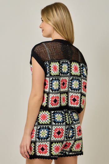 Mystree Multicolor Crochet Cardigan in Black Mix