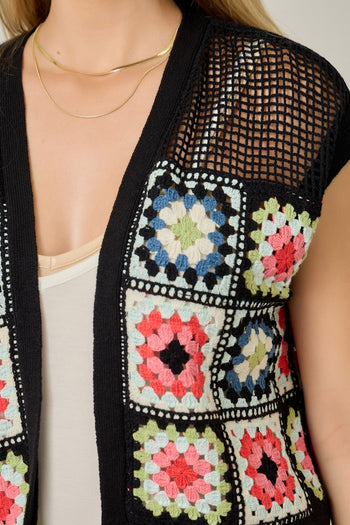 Mystree Multicolor Crochet Cardigan in Black Mix