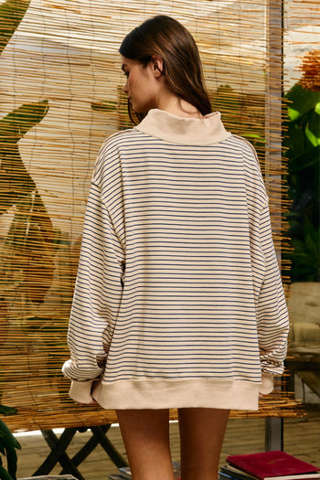 BucketList Stripe Print Mock Neck Oversized Sweatshirt in Peach/Blue