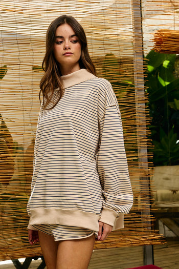 BucketList Stripe Print Mock Neck Oversized Sweatshirt in Peach/Blue