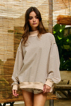 Load image into Gallery viewer, BucketList Stripe Print Mock Neck Oversized Sweatshirt in Peach/Blue
