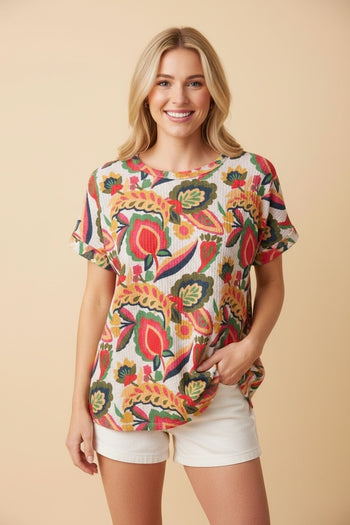 Heimish Waffle Knit Floral Print Top in Peach Multi