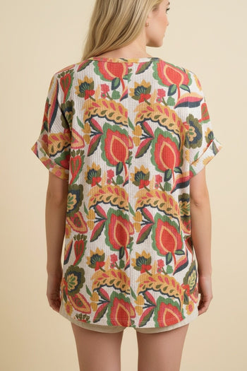 Heimish Waffle Knit Floral Print Top in Peach Multi