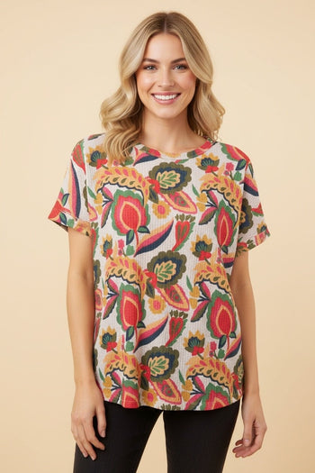Heimish Waffle Knit Floral Print Top in Peach Multi