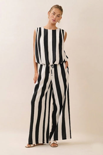 Oddi Vertical Stripe Sleeveless Top and Pants Set in Black/Ivory